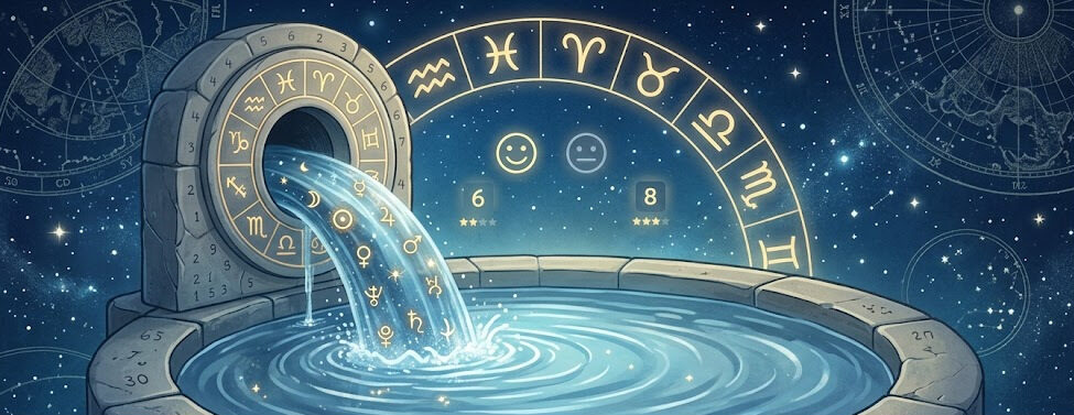 una sorgente d'acqua azzurra con simboli astrologici che rappresenta i transiti astrologici sul tema natale come origine degli oroscopi