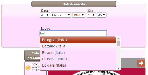 Inserimento del luogo di nascita con la finestra dei suggerimenti